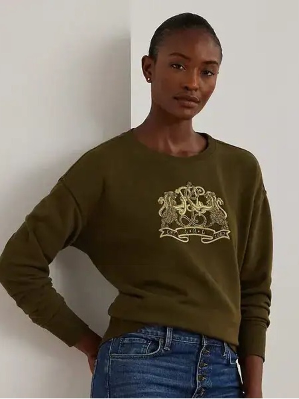NWT Lauren Ralph Lauren Lion Crest French Terry Pullover Army Green Sweater XXS